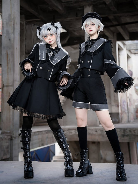 Long Sleeves Cropped Embroidery Gray Top and Collar Cross Ouji Black Square Lolita