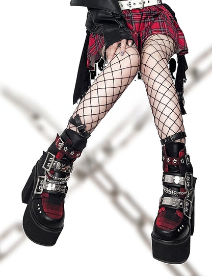 Black & Red Punk Rectangle Metal Plates Buckle Straps  Platform High Block Heels with Studs and Chain