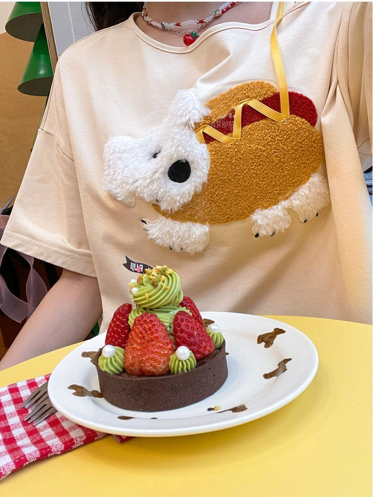 Puppy Applique T-Shirt Asymmetrical Neckline Hotdog Apricot Design