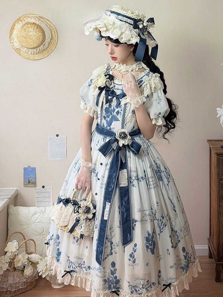 Poetry‌ Print Blue and Sizes Classic Sash Dress Plus with Available Self-tie Elegant Mulberry Lolita