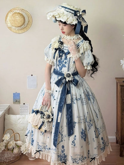 Poetry‌ Print Blue and Sizes Classic Sash Dress Plus with Available Self-tie Elegant Mulberry Lolita