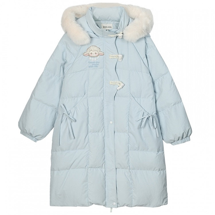 Blue Cute Lamb Applique Bowknot Details Hooded Down Coat Long Version