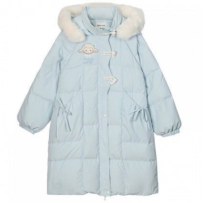 Blue Cute Lamb Applique Bowknot Details Hooded Down Coat Long Version