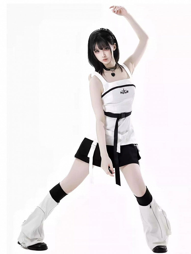 Zipper Black and Techwear Flared Leg Warmers White Drawstring Cuffs Detail