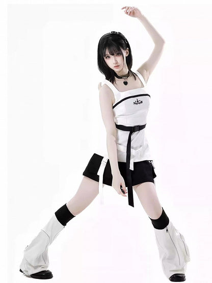 Zipper Black and Techwear Flared Leg Warmers White Drawstring Cuffs Detail