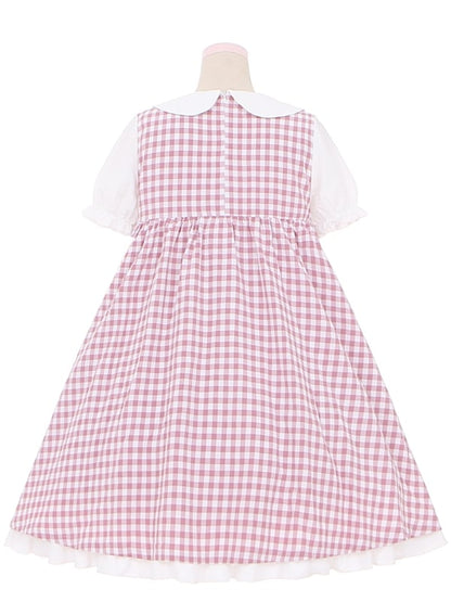 Pink Strawberry Peter Pan Collar Plaid Short Puff Sleeves Dress