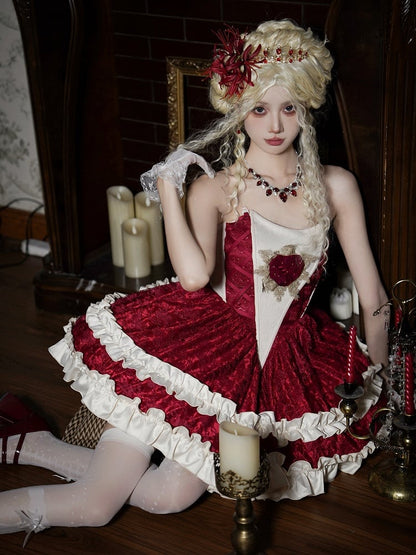 Red and Off White Boned Basque Waist Lolita Strapless Dress