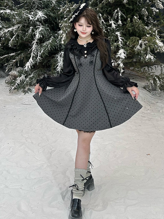 Robe grise grande taille à pois et taille haute avec nœuds