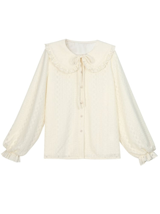 Apricot Peter Pan Collar Balloon Sleeves Lace Blouse