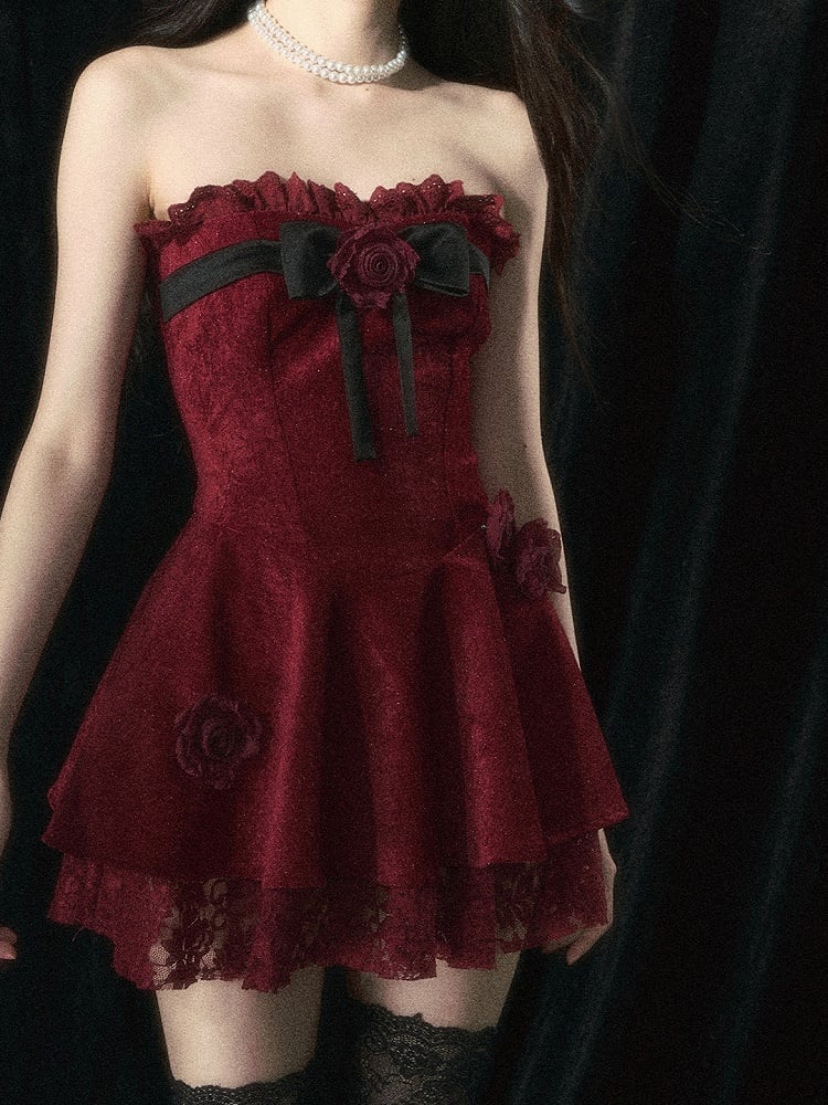 Roses Embellishments Christmas Wine Red Strapless Dress with Plush Shawl Set
