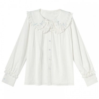 White Lace Trim Peter Pan Collar Bowknot Details Blouse