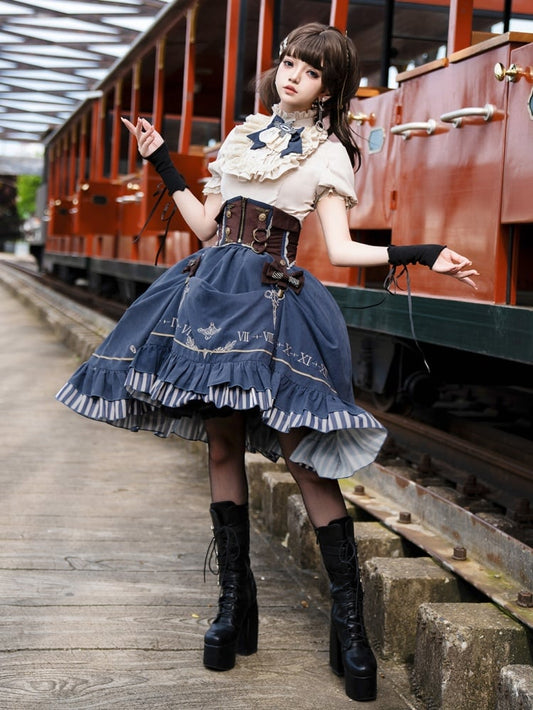 Apricot Ruffle Neckline Shirt + Brown Corset Belt + Blue Skirt Steampunk Lolita Set