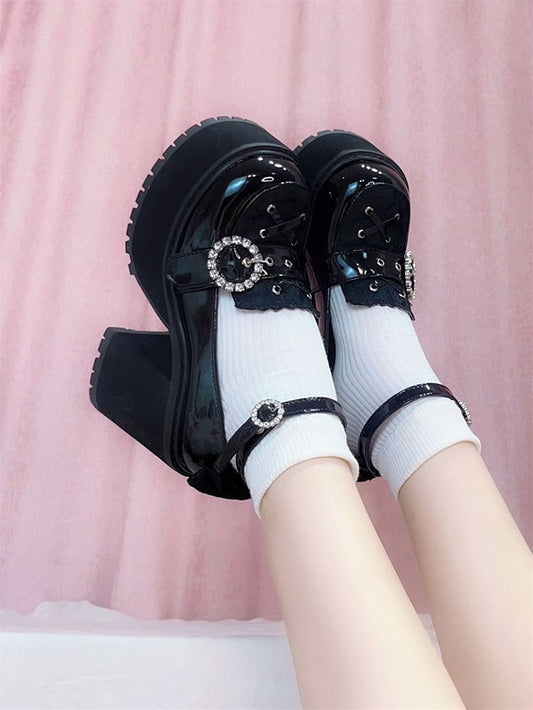 Landmine Style Jirai Polished Platform Shoes Heels Black Chunky Kei