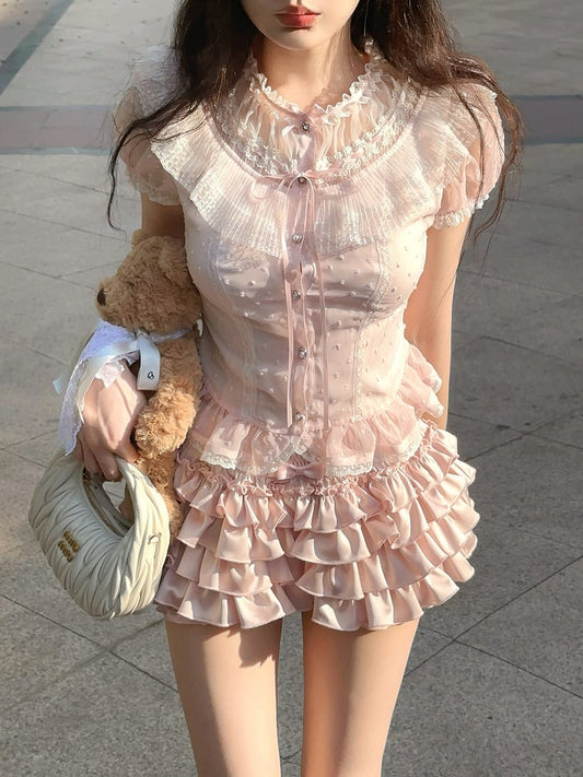Puff Sleeve Top Pink Chiffon Polka-dot