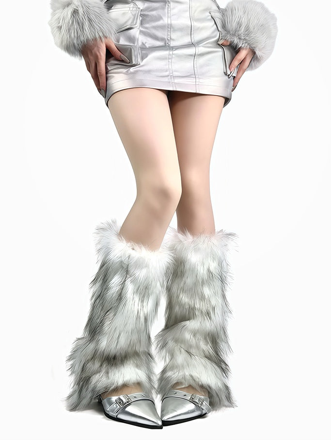 White/Brown Y2K Shaggy Leg Warmers
