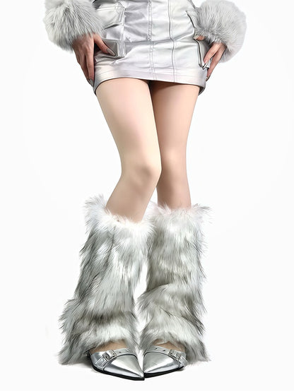 White/Brown Y2K Shaggy Leg Warmers