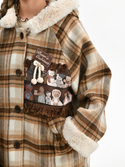 Brown Cute Little Bears Applique Plaid Hooded Woolen Coat Short Version