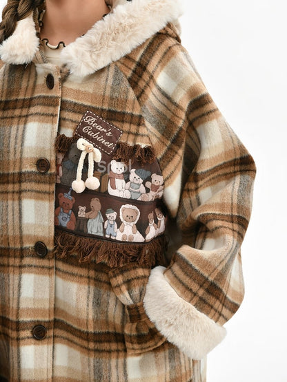 Brown Cute Little Bears Applique Plaid Hooded Woolen Coat Long Version