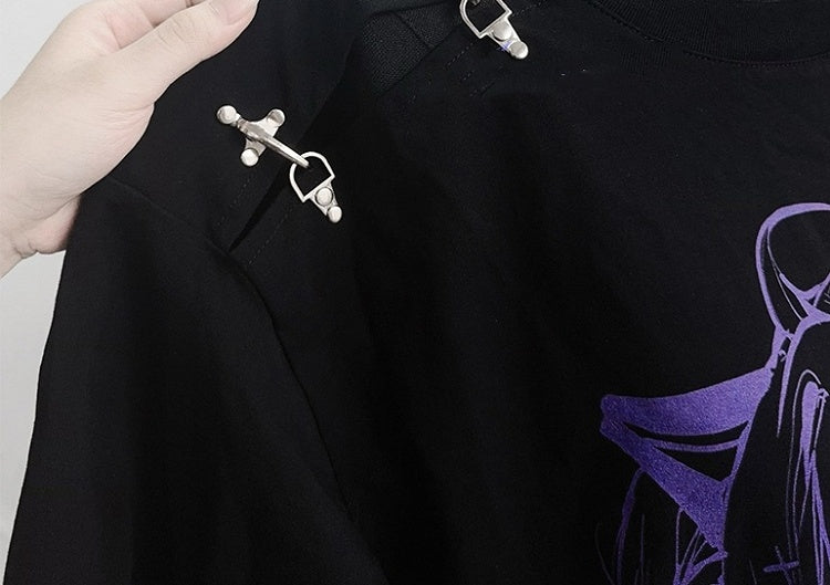 and Fastener Shoulder Anime Girl Graphic T-Shirt Black Decorative Black White / with Lace Embellishment Purple