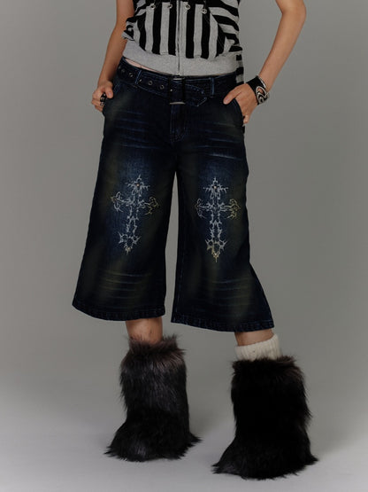with Buckle Blue Print Faded Wash Glamorous Distressed Jeans Belt Cross