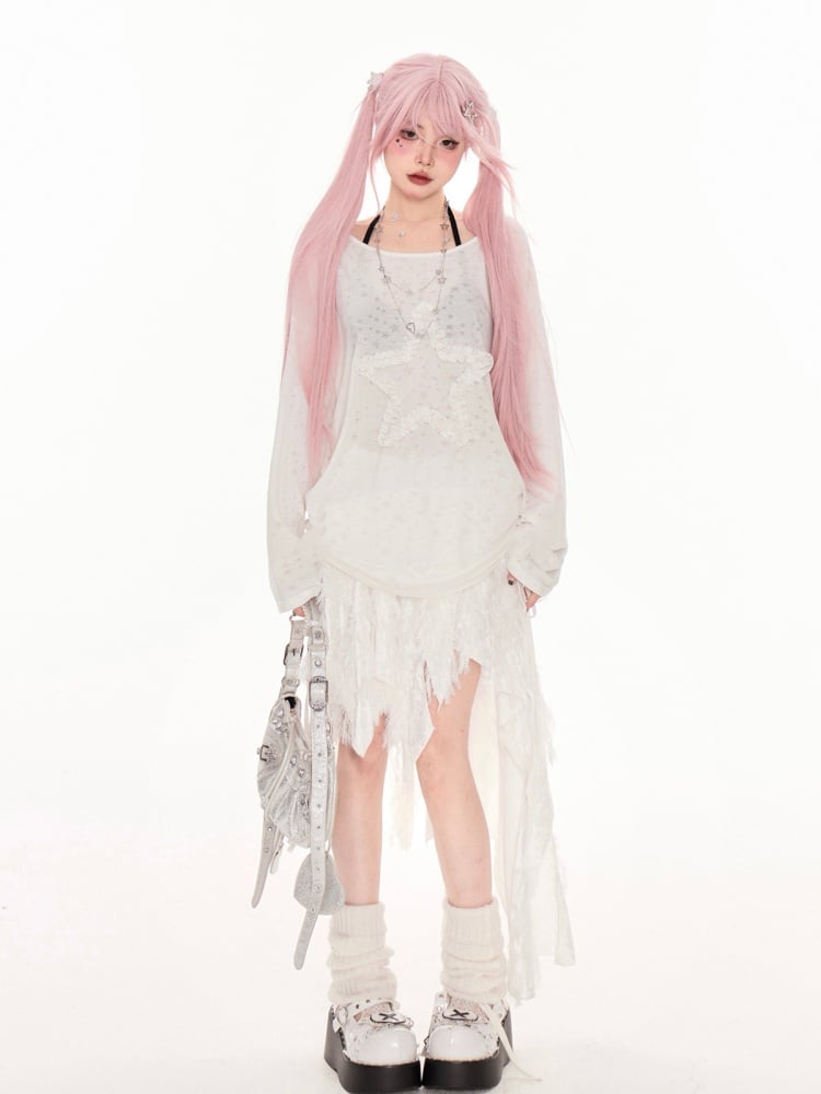 White Asymmetrical Neckline Ruffled Star Drawstring Side Coverup