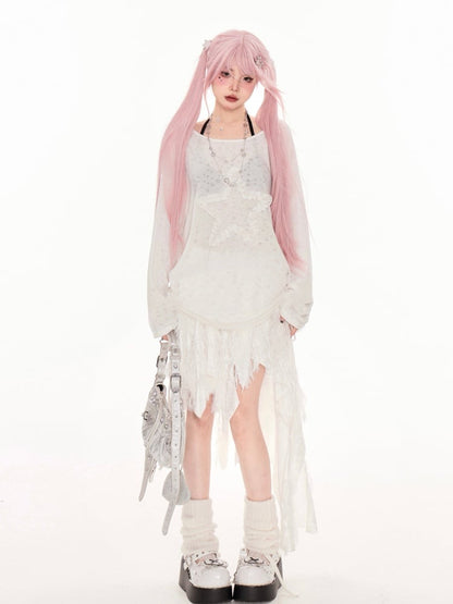White Asymmetrical Neckline Ruffled Star Drawstring Side Coverup