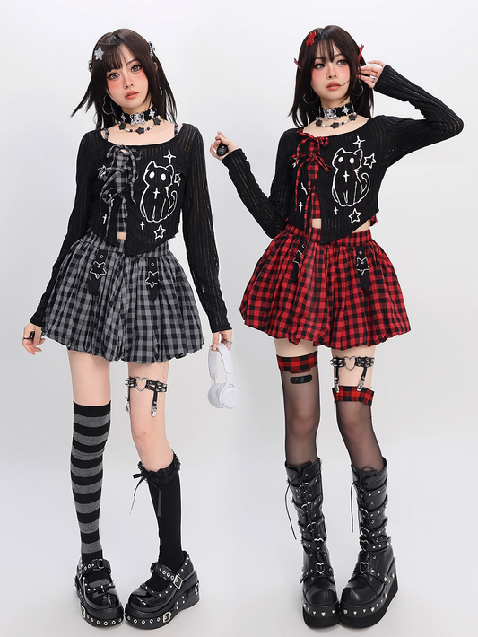Y2K Coverup Set Plaid Cami Top with Kitten Print Black Red/Gray