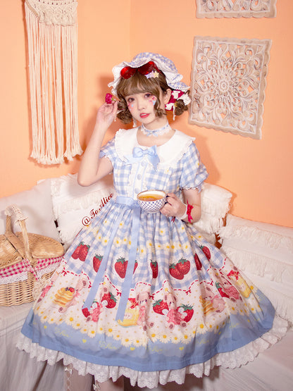 Light Blue/Wine Red Plaid Strawberry and Bear Print Cottagecore Country Dress Sweet Lolita OP