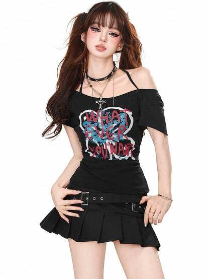 Black Graffiti Letter Halter Top with Ruched Waist Detail