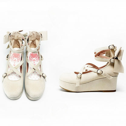 Platforms Crisscross Velvet Toe Round Sweet Bow Design - Wedge Beige Lolita Accent
