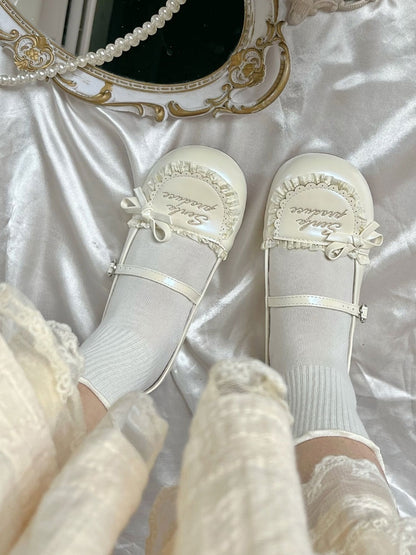 Lolita im süßen Stil Jane Schuhe Mary Flat Beige Rüschen mit Besatz