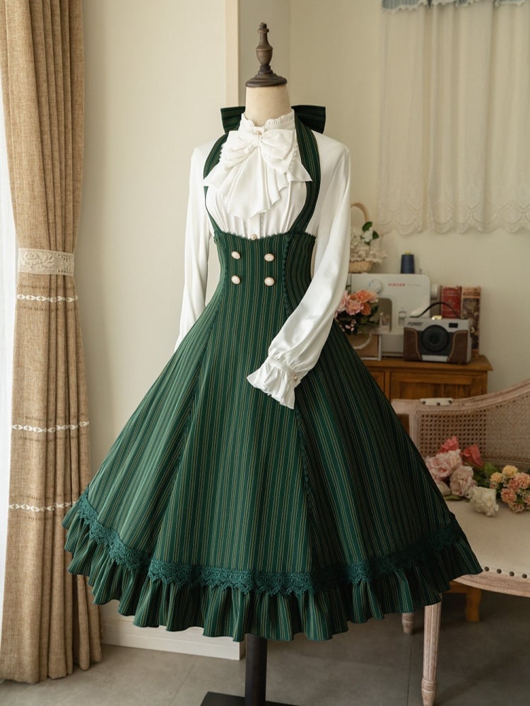 Historical Vibes Dark Green Stripped Halter Neck Underbust Dress