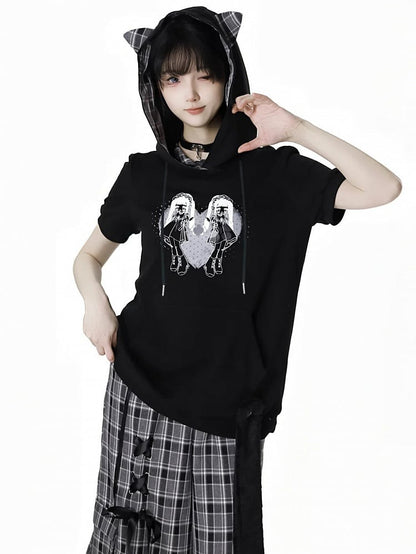 Hood Graphic Black Kitty Ears Design T-Shirt