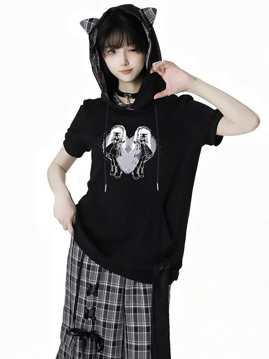 Hood Graphic Black Kitty Ears Design T-Shirt