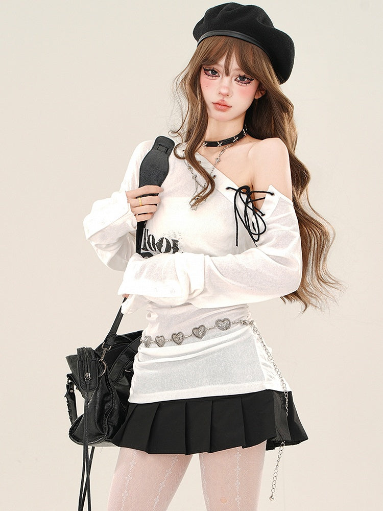 White Asymmetrical Neckline Semi-sheer Top with Lace-up Detail