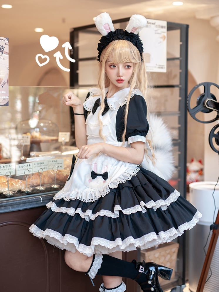 Black and White Bunny Theme Tiered Ruffles Maid Lolita Dress