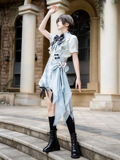 + Ouji Lolita Vibes Blue Alice in Shirt Outfit - White Wonderland