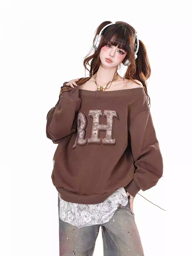 Brown/Gray Off-the-shoulder Neckline Letter Loose Sweatshirt