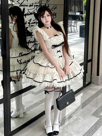 Dress Polka Sweet Tiered Dots Beige Skirt Waist Basque Black