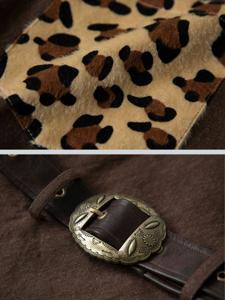 Leopard Pockets Brown Punk Low Waist Pants