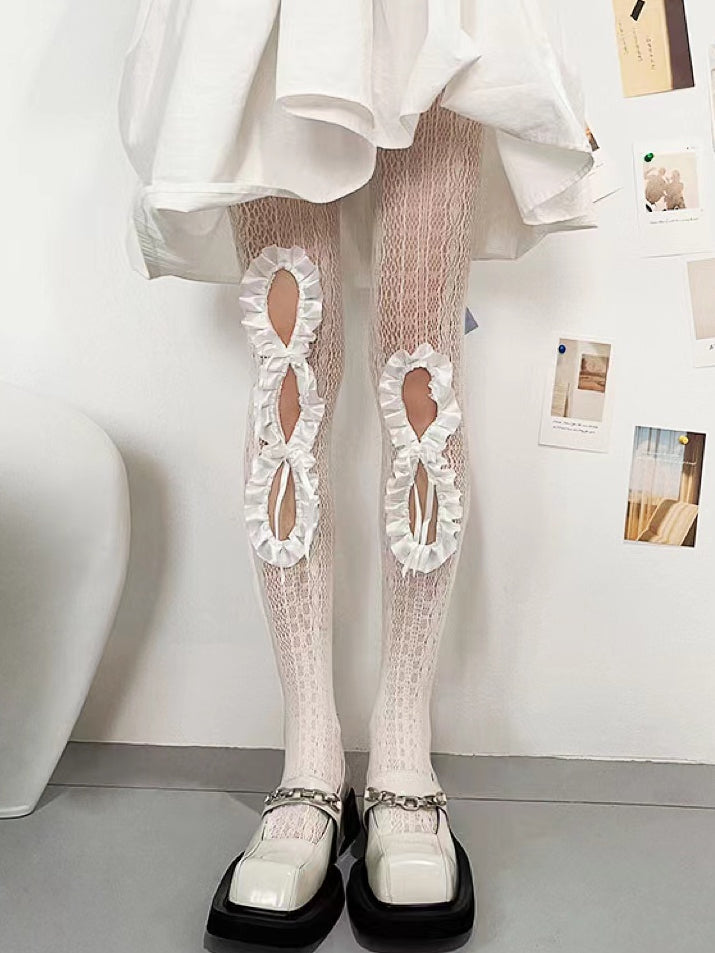 Y2K Strumpfhose Pink Trim Rüschen Design Cut-out
