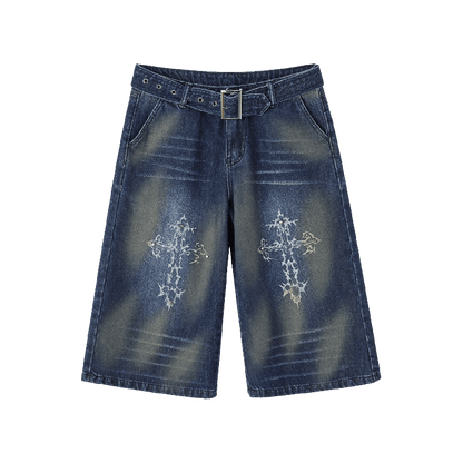with Buckle Blue Print Faded Wash Glamorous Distressed Jeans Belt Cross