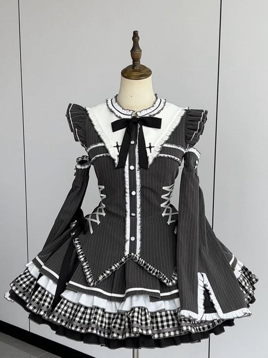 Gothic Lolita Sleeves Striped Flutter Ears Dark Gray Collar Dress at Bunny with Back