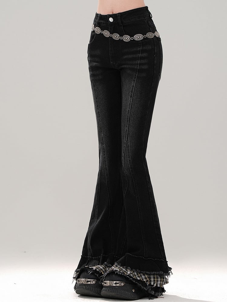 Black Plaid Patchwork Cuffs Fishtail Jeans