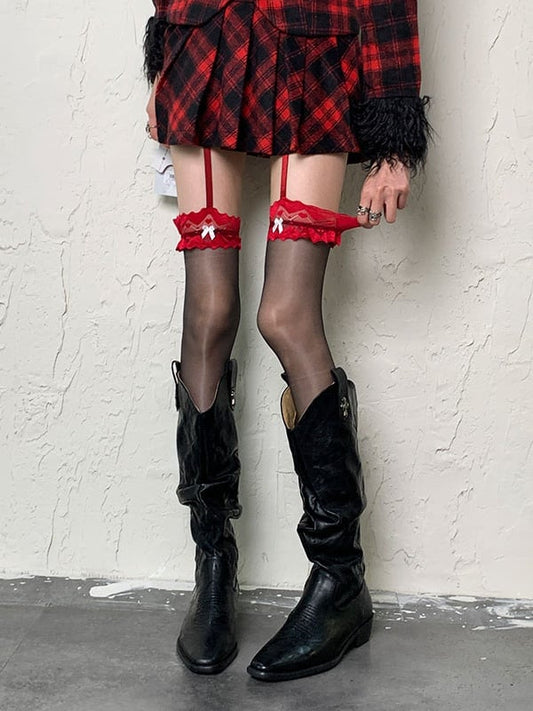 Black Red Y2K Bowknot Lace Suspender Tights