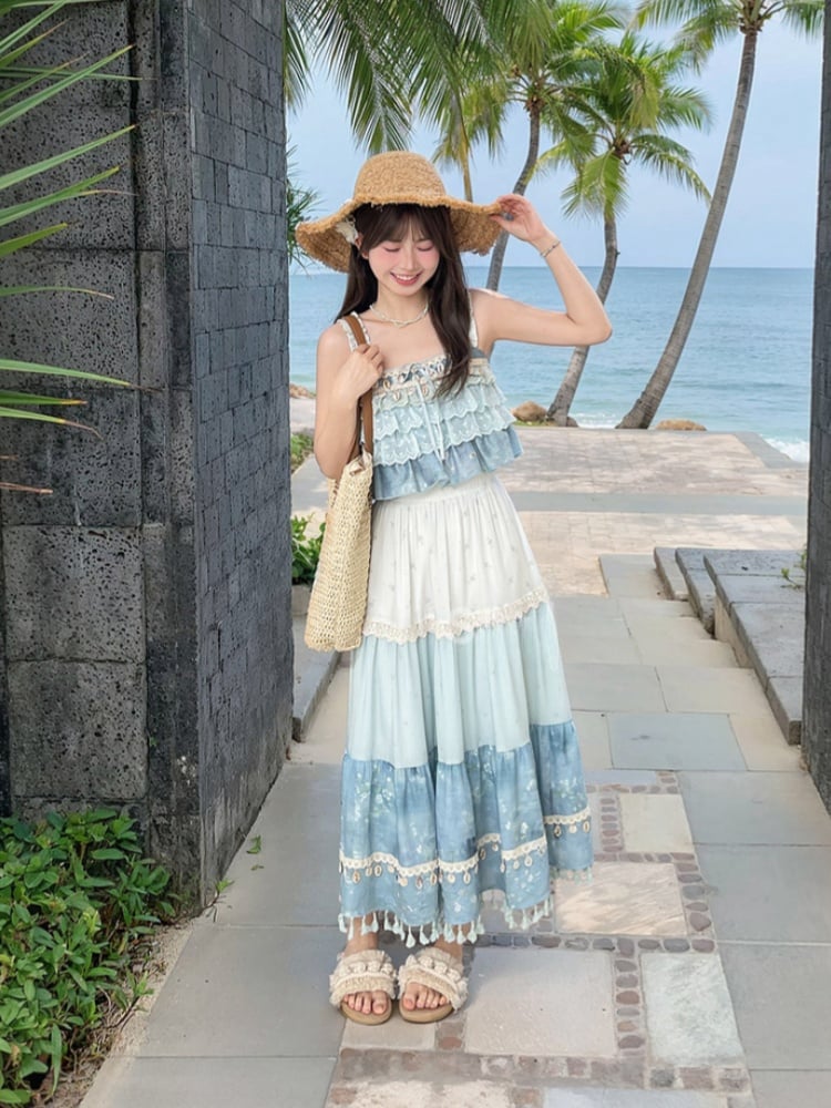 Sleeveless Top Shell Charm Tiered Ruffles Blue