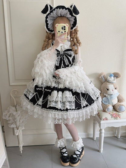 Black Lolita Dress Chain Hanayome Skirt Big Bead Bows Decoration Tiered