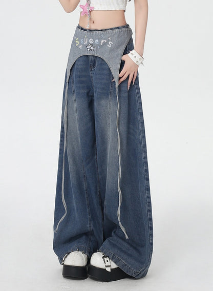 Blue Low Waist Wide-leg Jeans with Letter Embroidery