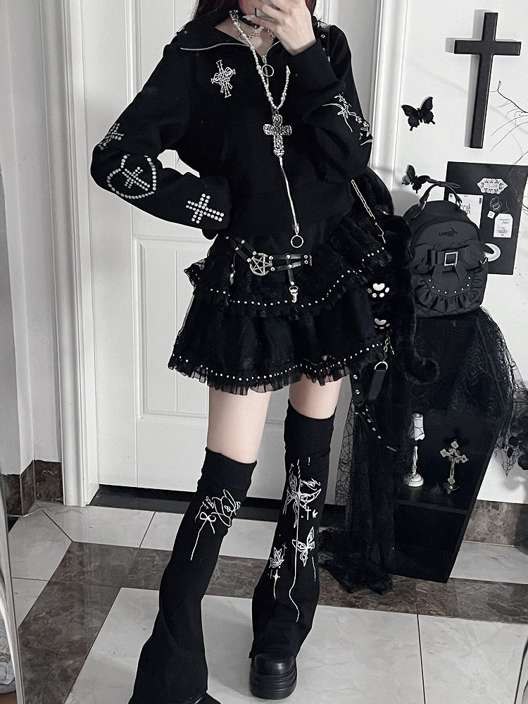 Cross And Bittersweet Kapuzenjacke mit Ohren und schwarzem Katzenherz-Design