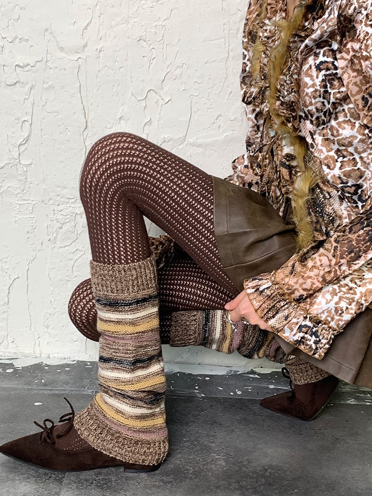 Brown Y2K Striped Pattern Knitted Leg Warmers